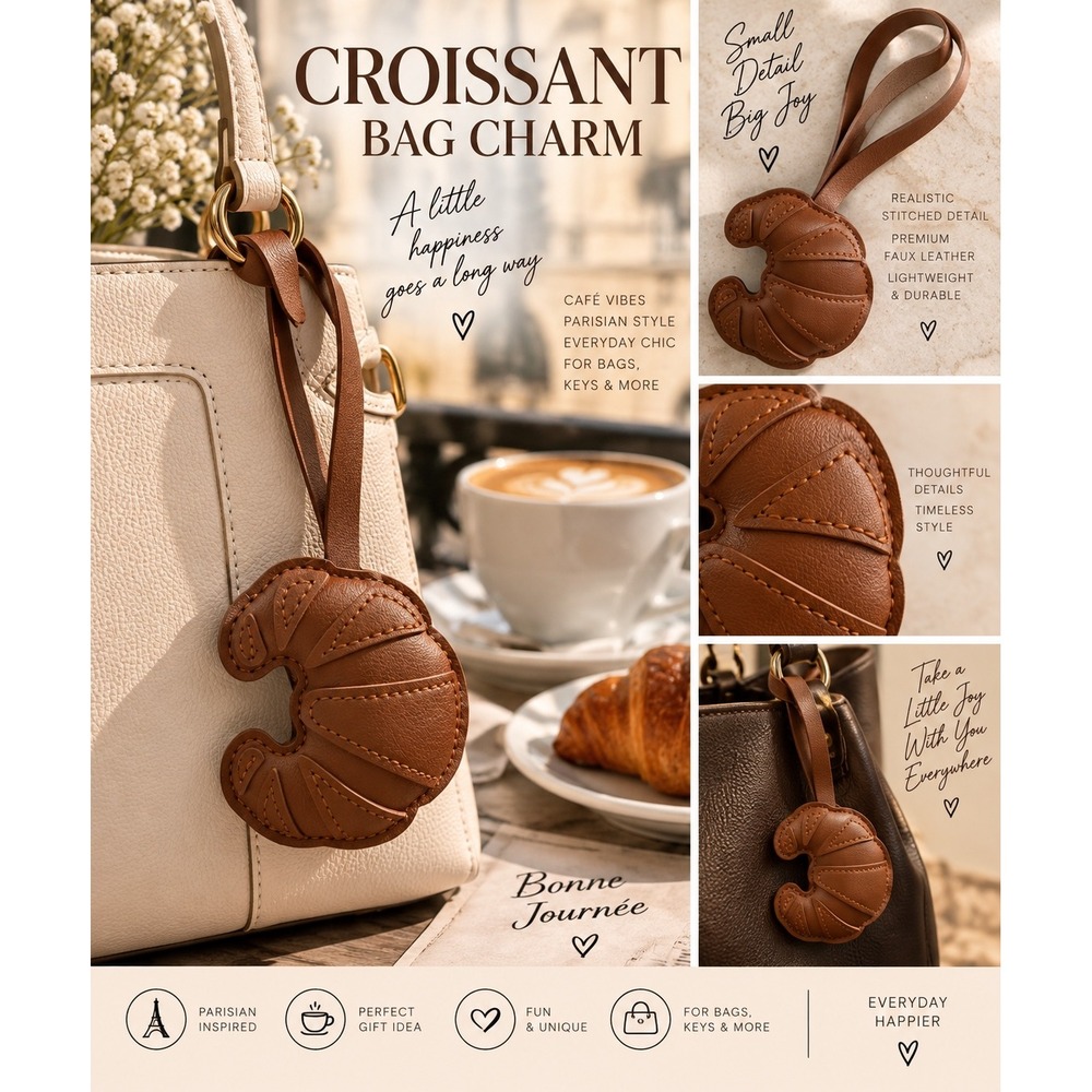 Croissant Bag Charm Brown Faux Leather Foodie Purse Charm Parisian Bag Accessory
